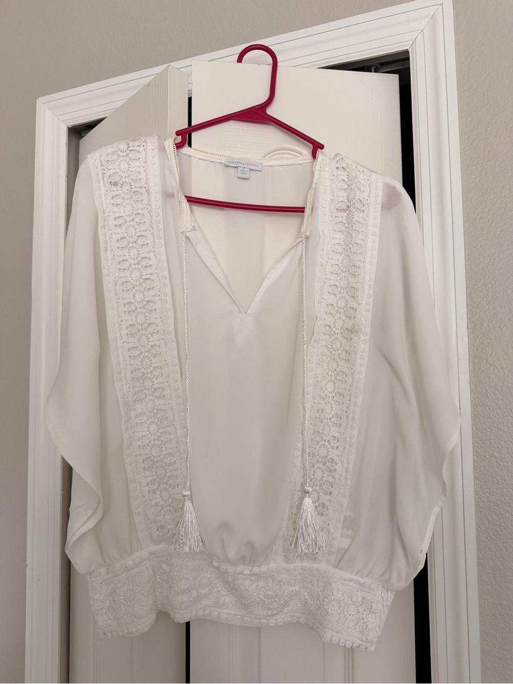 New York & Company White Lace-Trim Peasant Tunic